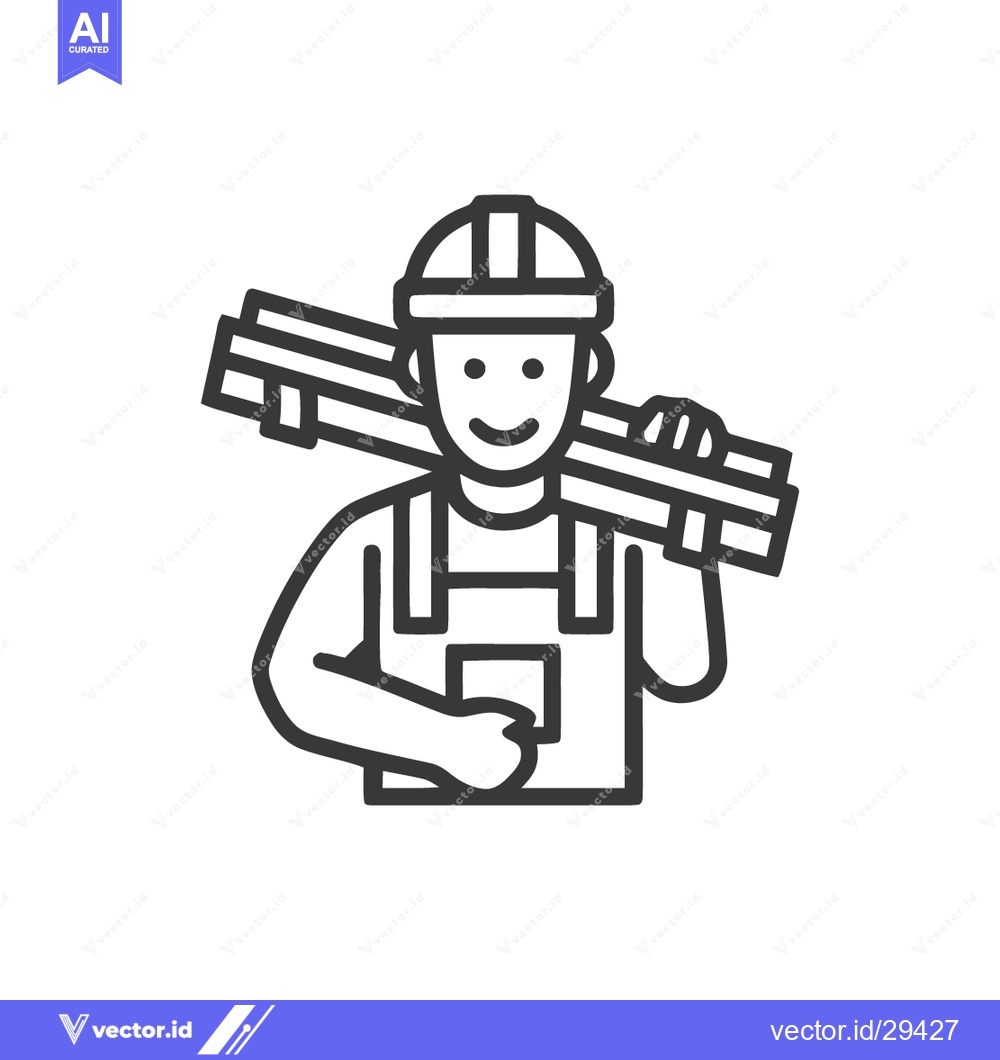 Premium Vector dari Minimalist Icon: Smiling Construction Worker Carrying Lumber on Should