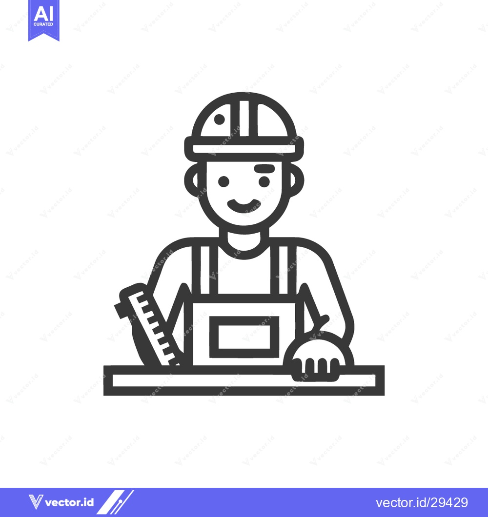 Premium Vector dari Smiling Construction Worker Icon with Hardhat and Tools, Line Art Styl