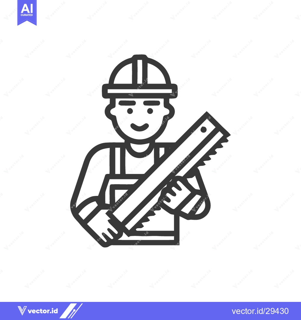 Premium Vector dari Smiling Construction Worker with Saw: Minimalist Line Art Icon