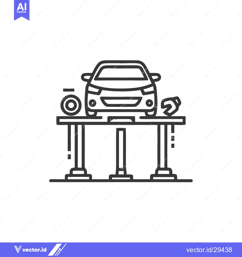 Premium Vector dari Car Repair Line Icon: Vehicle on Lift with Tools, Minimalist Design
