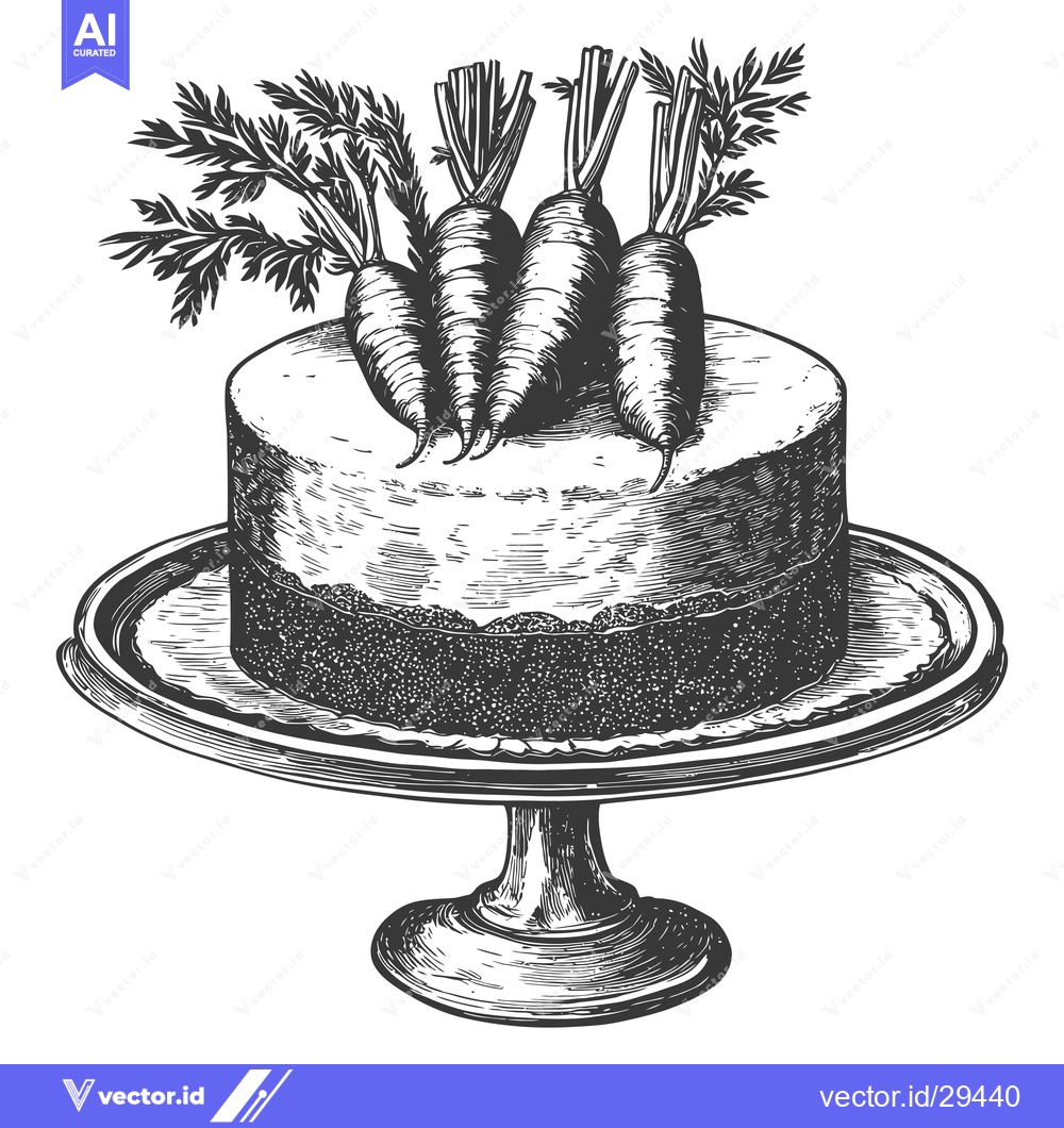 Premium Vector of Carrot Cake on Elegant Cake Stand Decorated with Carrots