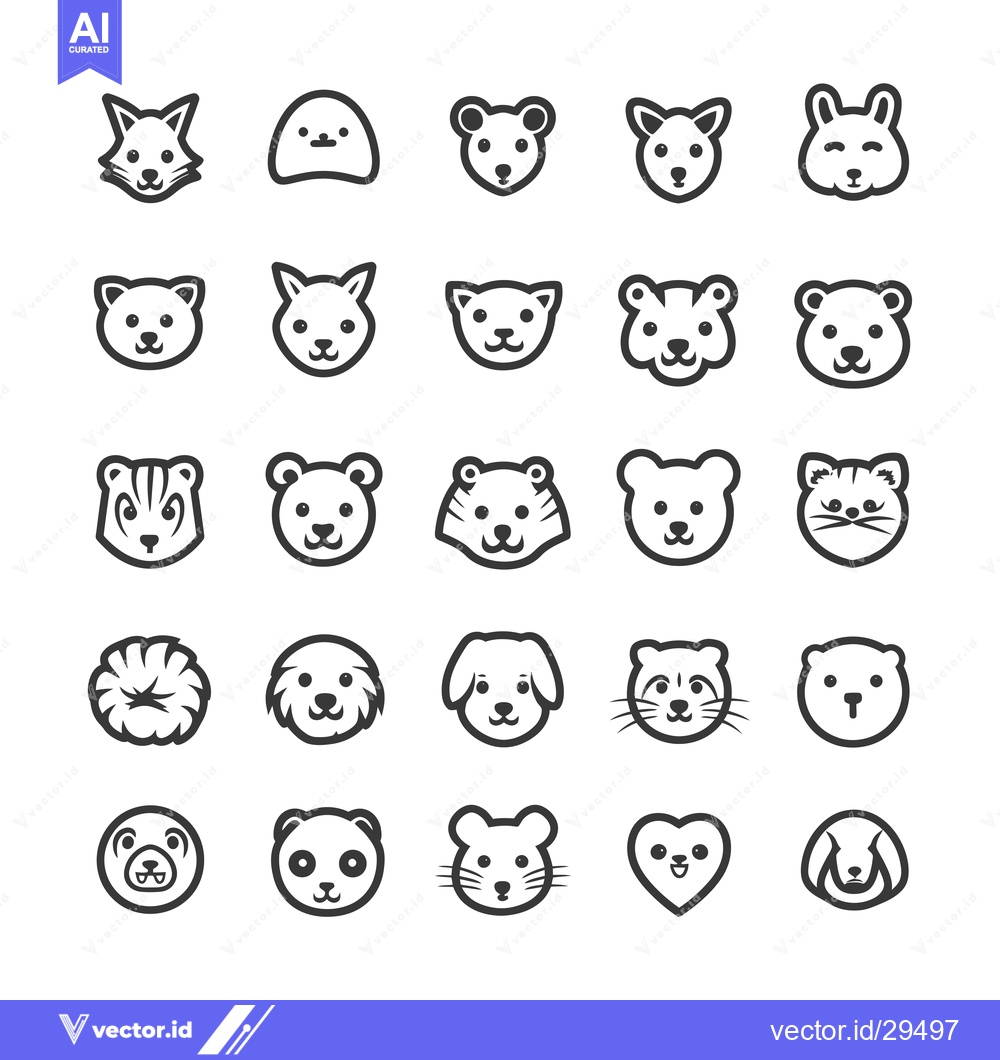 Premium Vector dari Cartoon Animal Face Icons Set in Black and White