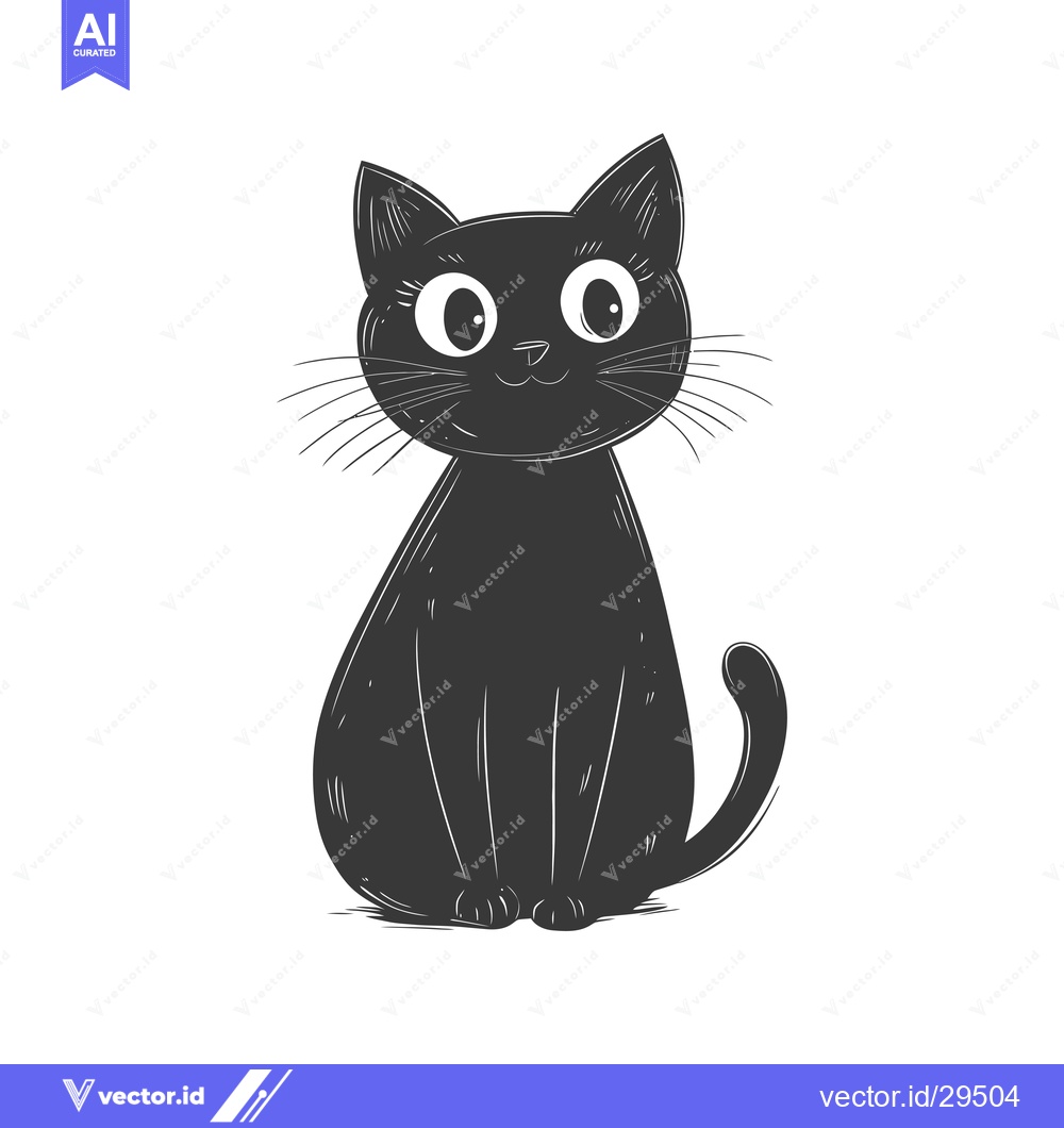 Premium Vector dari Cartoon Black Cat with Big Eyes Sitting on White Background