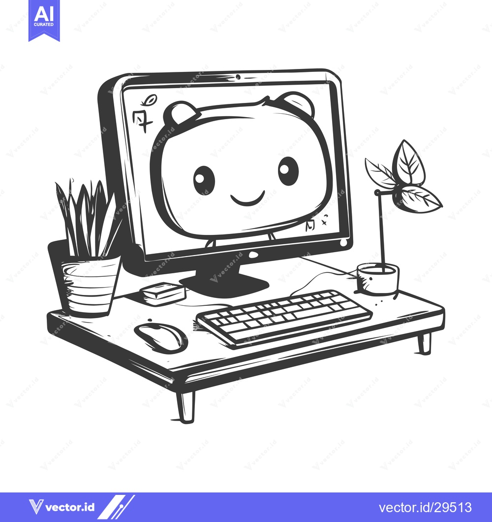 Premium Vector dari Cartoon Character on Computer Screen with Desk and Plants