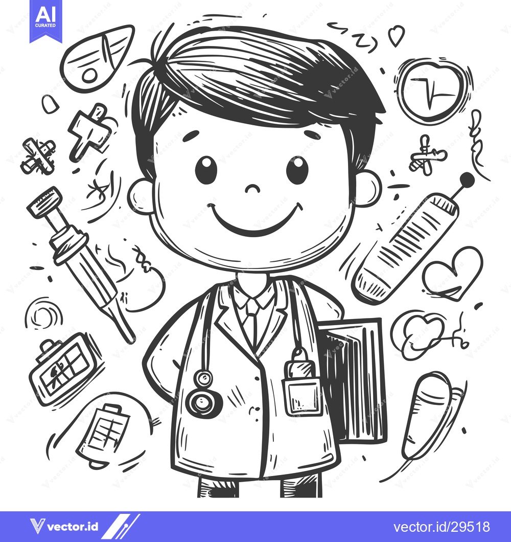 Premium Vector of Cartoon Doctor Holding a Medical Book with Surrounding Medical Symbols
