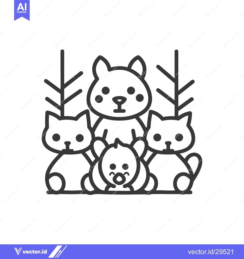 Premium Vector of Cartoon Family of Three Cats and One Kitten Surrounded by Trees