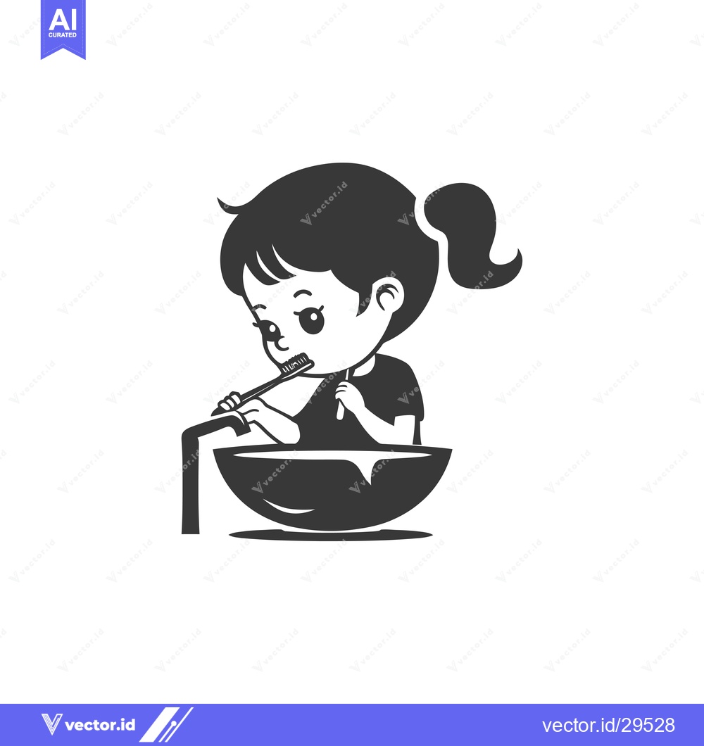Premium Vector dari Cartoon Girl Brushing Teeth in a Sink