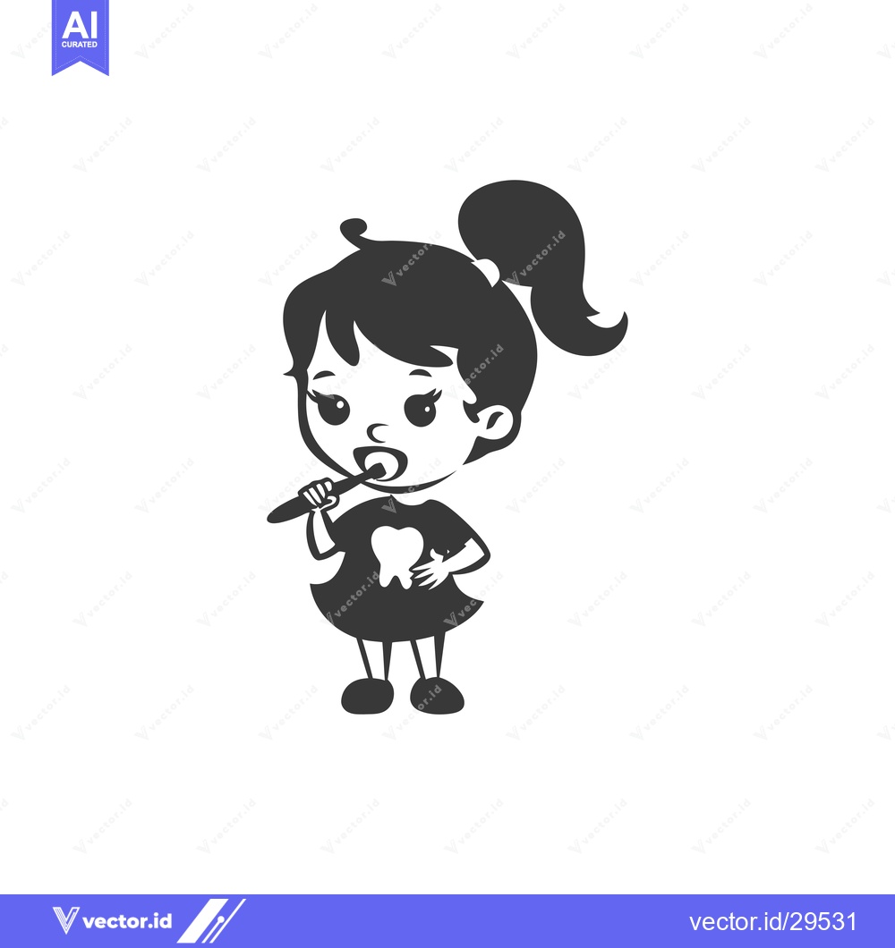 Premium Vector dari Cartoon Girl Brushing Teeth with Tooth Icon on Shirt