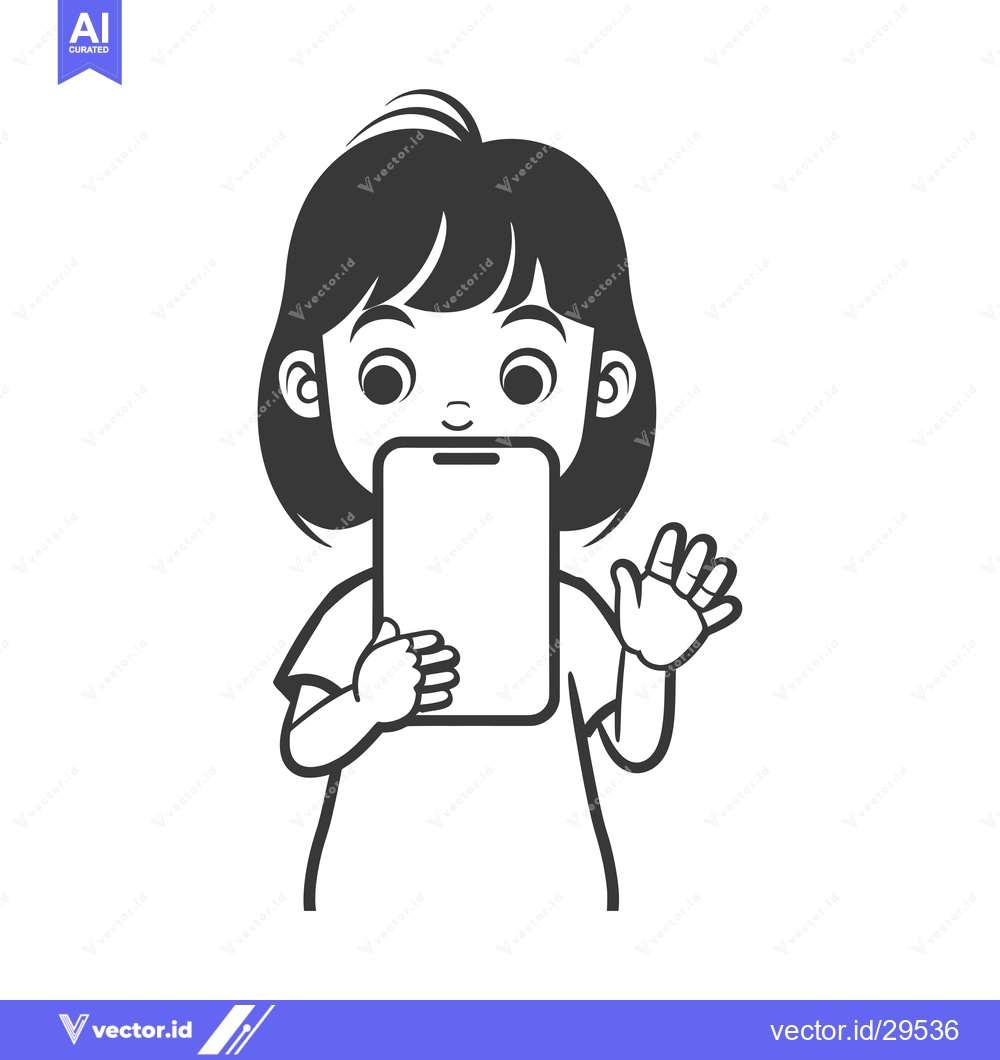 Premium Vector of Cartoon girl holding a smartphone and waving