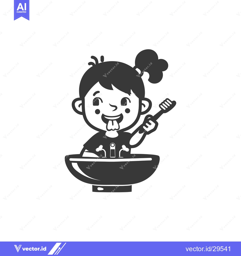 Premium Vector dari Cartoon Girl Holding Toothbrush at Sink