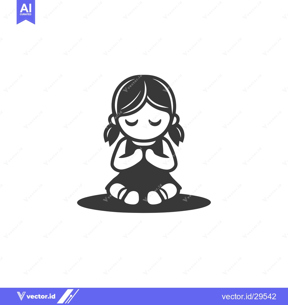 Premium Vector of Cartoon Girl Sitting With Closed Eyes and Hands Together