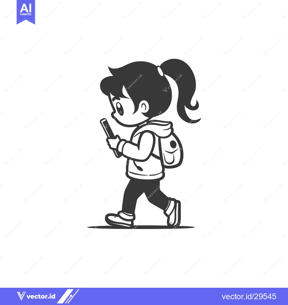 Premium Vector of Cartoon Girl Walking While Using a Smartphone