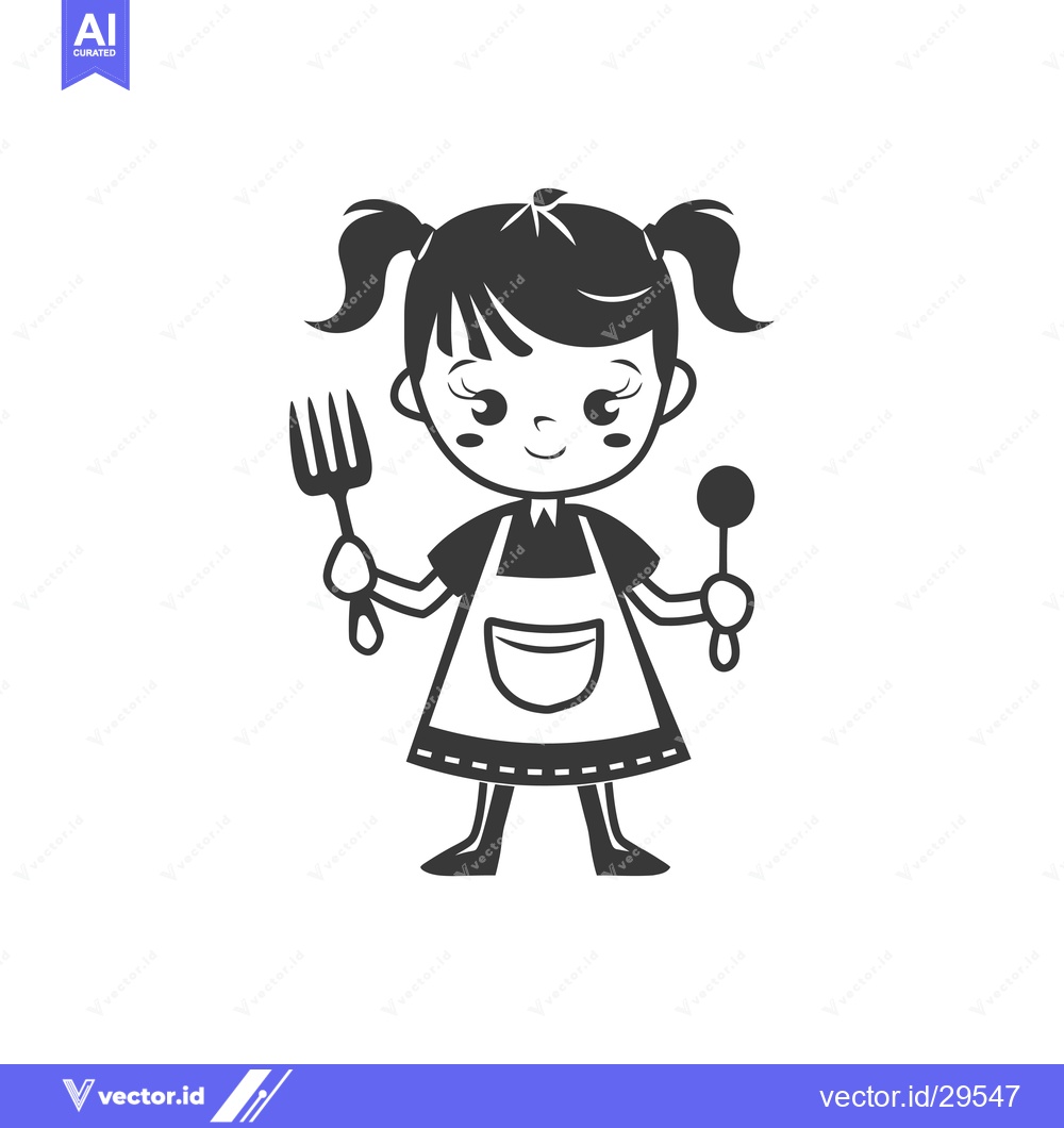 Premium Vector dari Cartoon Girl Wearing Apron Holding Fork and Spoon