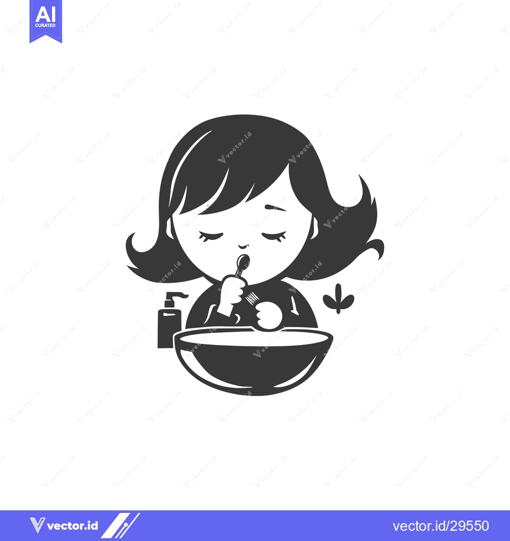 Premium Vector dari Cartoon girl with closed eyes eating from a bowl