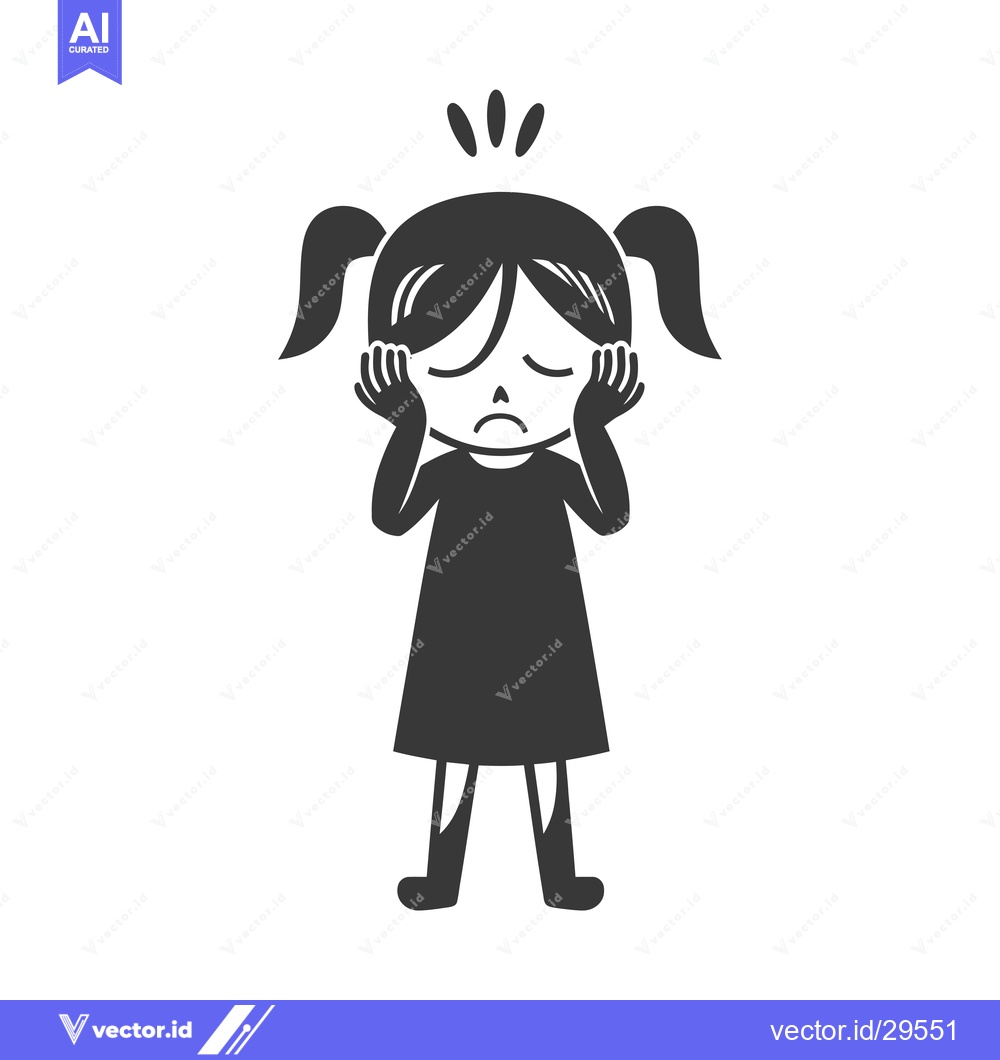 Premium Vector of Cartoon girl with pigtails covering her ears and looking sad