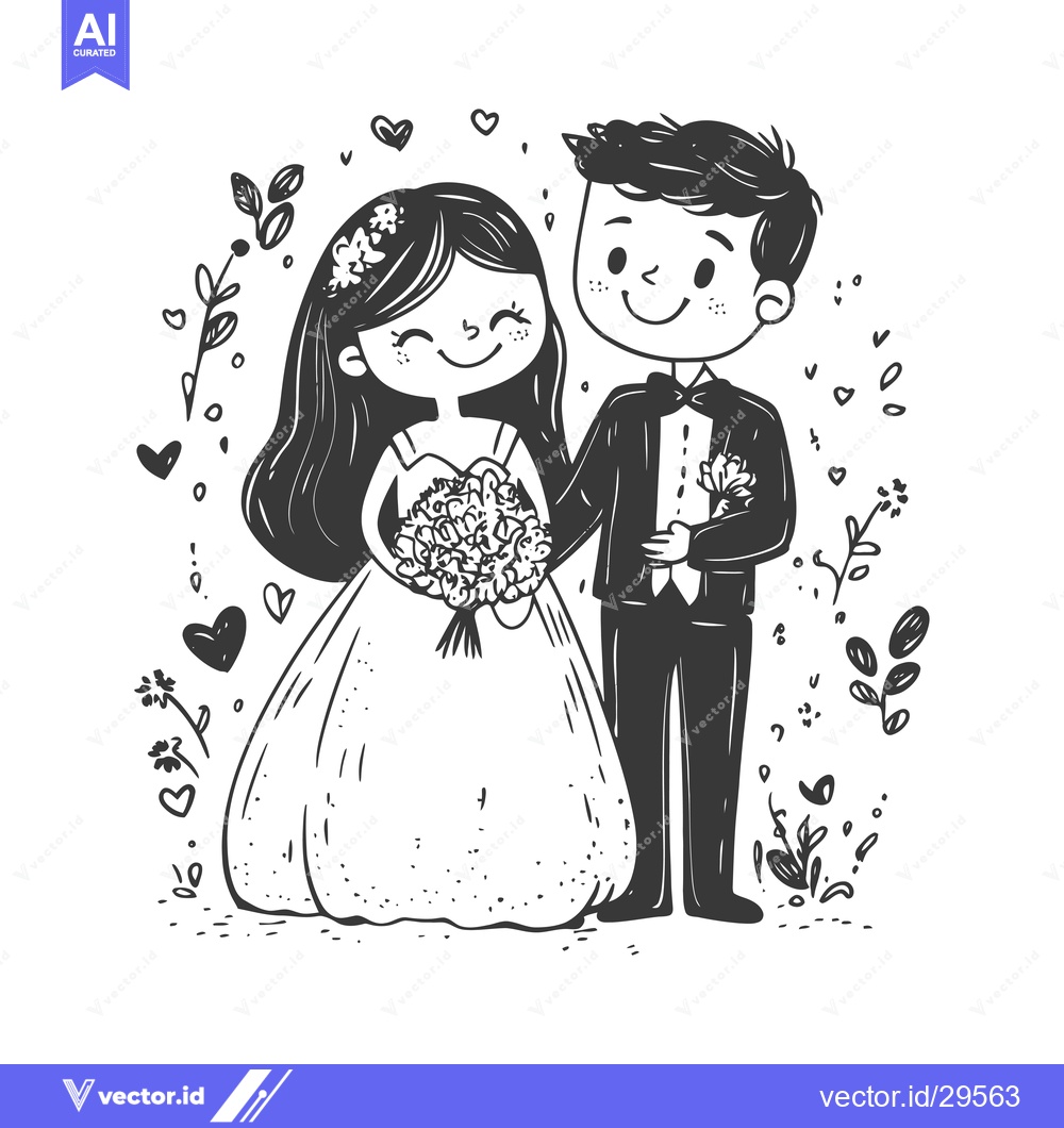Premium Vector of Cartoon illustration of a bride and groom with floral accents