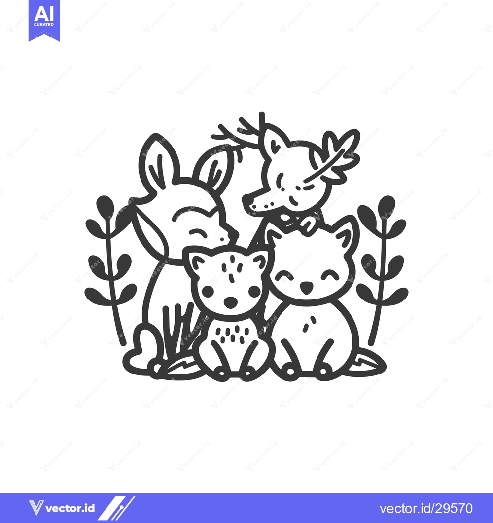 Premium Vector dari Cartoon illustration of a deer, fox and two kittens in a forest settin