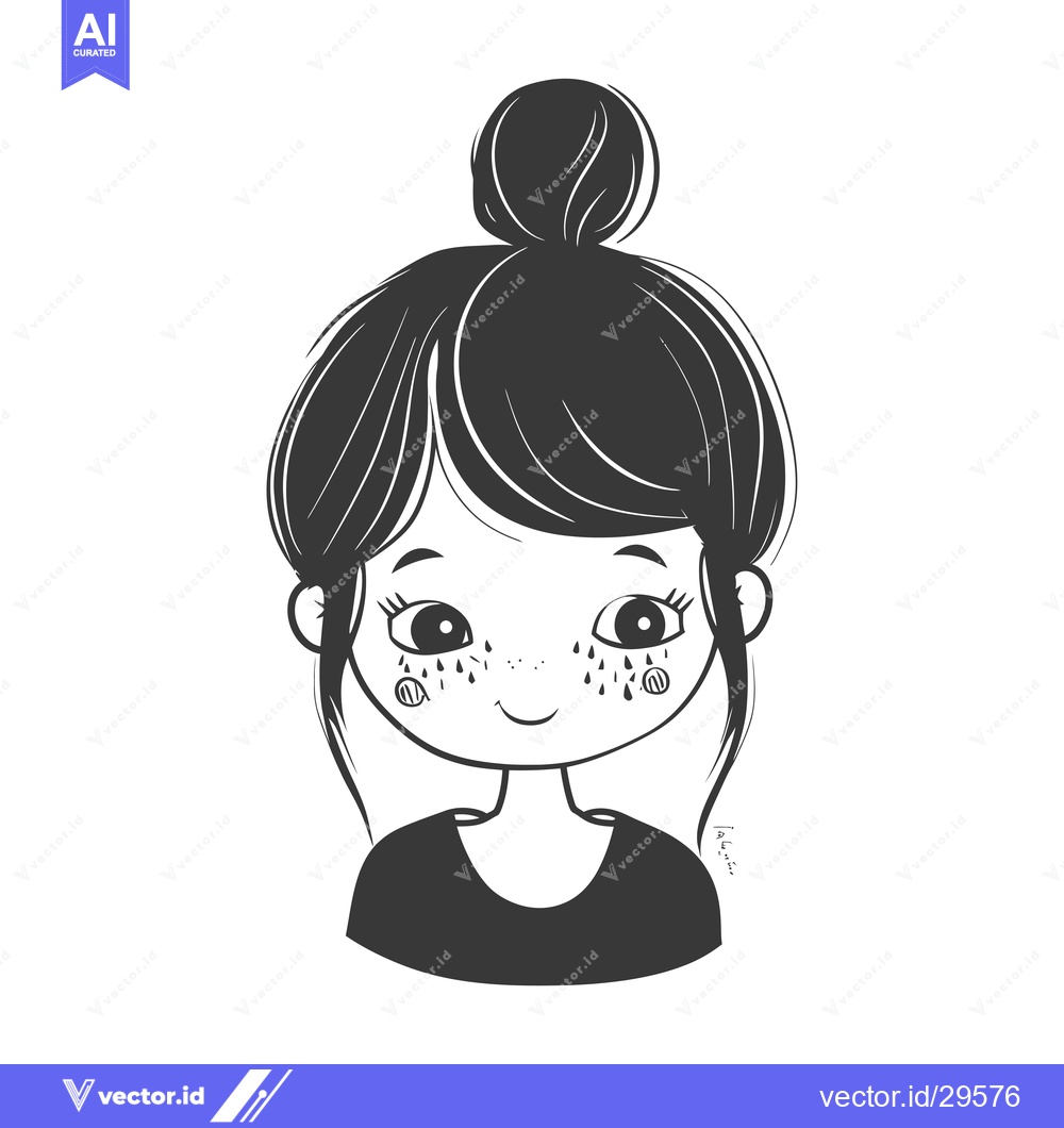 Premium Vector of Cartoon Illustration of a Girl with a Bun and Freckles
