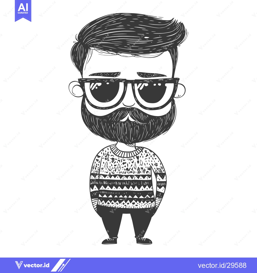 Premium Vector dari Cartoon illustration of a man with a beard, wearing glasses and a patt