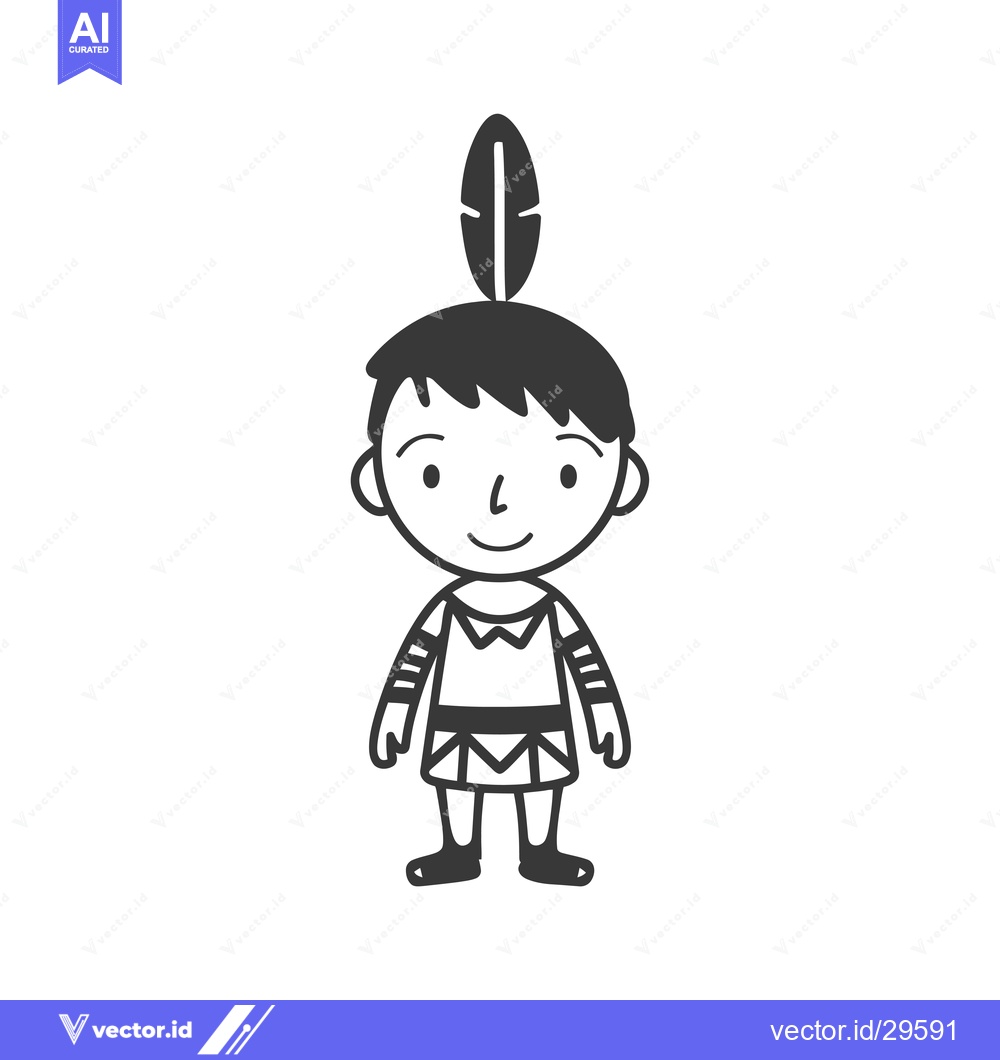 Premium Vector of Cartoon Illustration of a Native American Boy Wearing a Feather