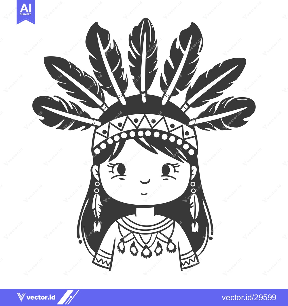 Premium Vector dari Cartoon illustration of a Native American girl with a headdress and tr