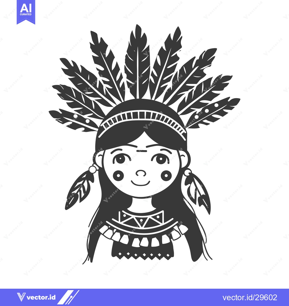 Premium Vector dari Cartoon Illustration of a Native American Girl with Feathers