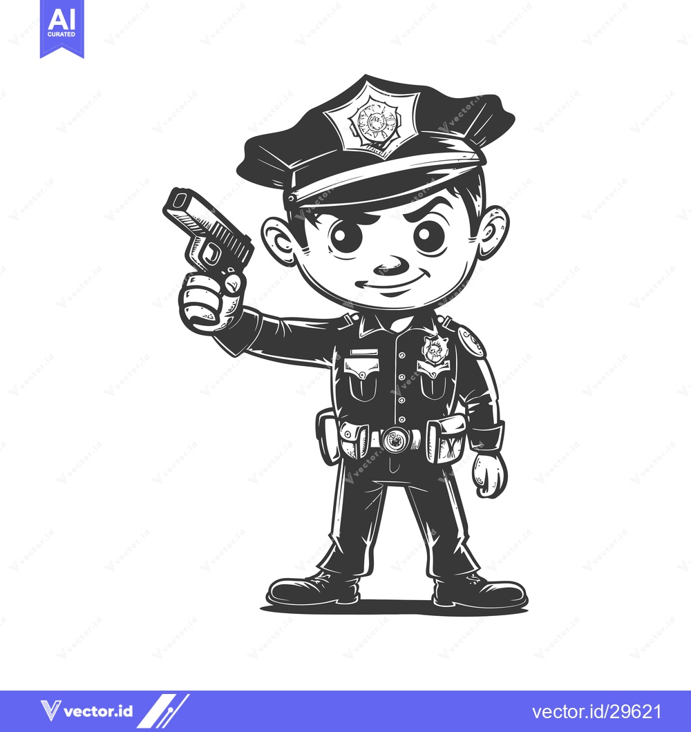 Premium Vector of Cartoon Illustration of a Police Officer Holding a Gun