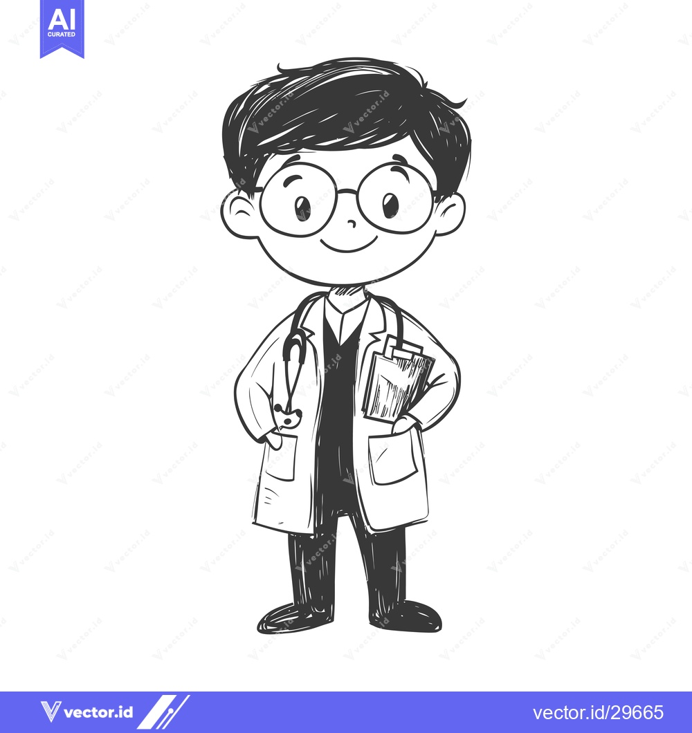 Premium Vector dari Cartoon illustration of a smiling young doctor in a lab coat holding a