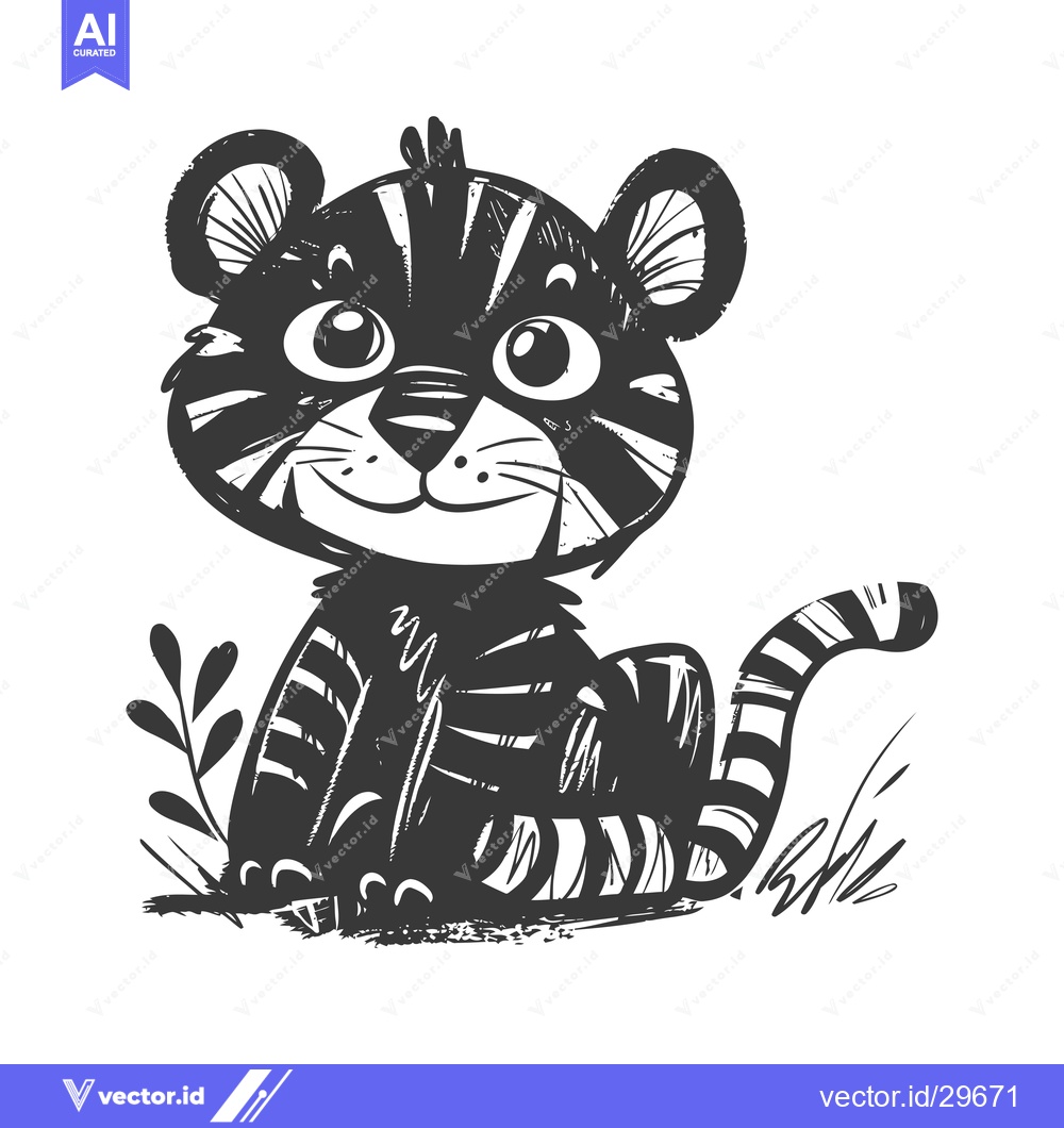Premium Vector dari Cartoon illustration of a striped tiger cub sitting in grass
