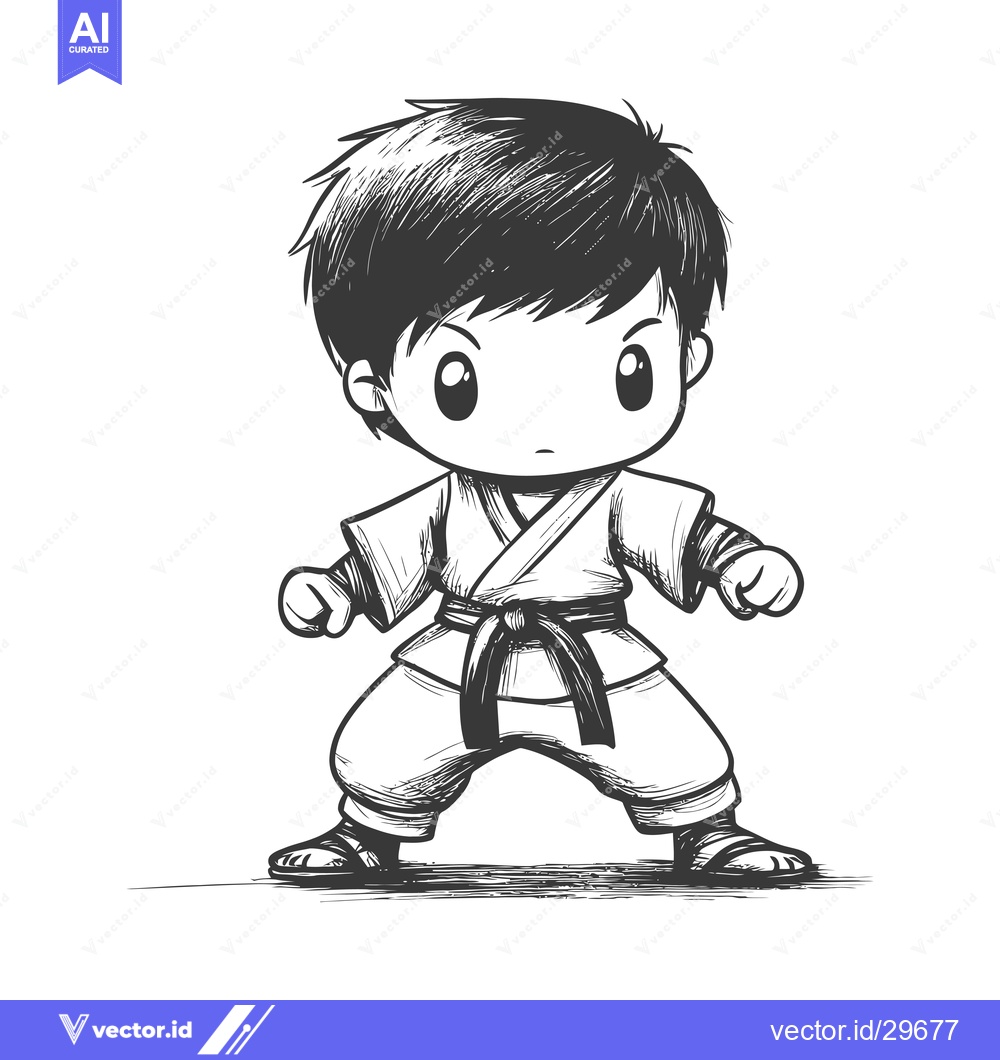 Premium Vector dari Cartoon illustration of a young boy in a karate uniform
