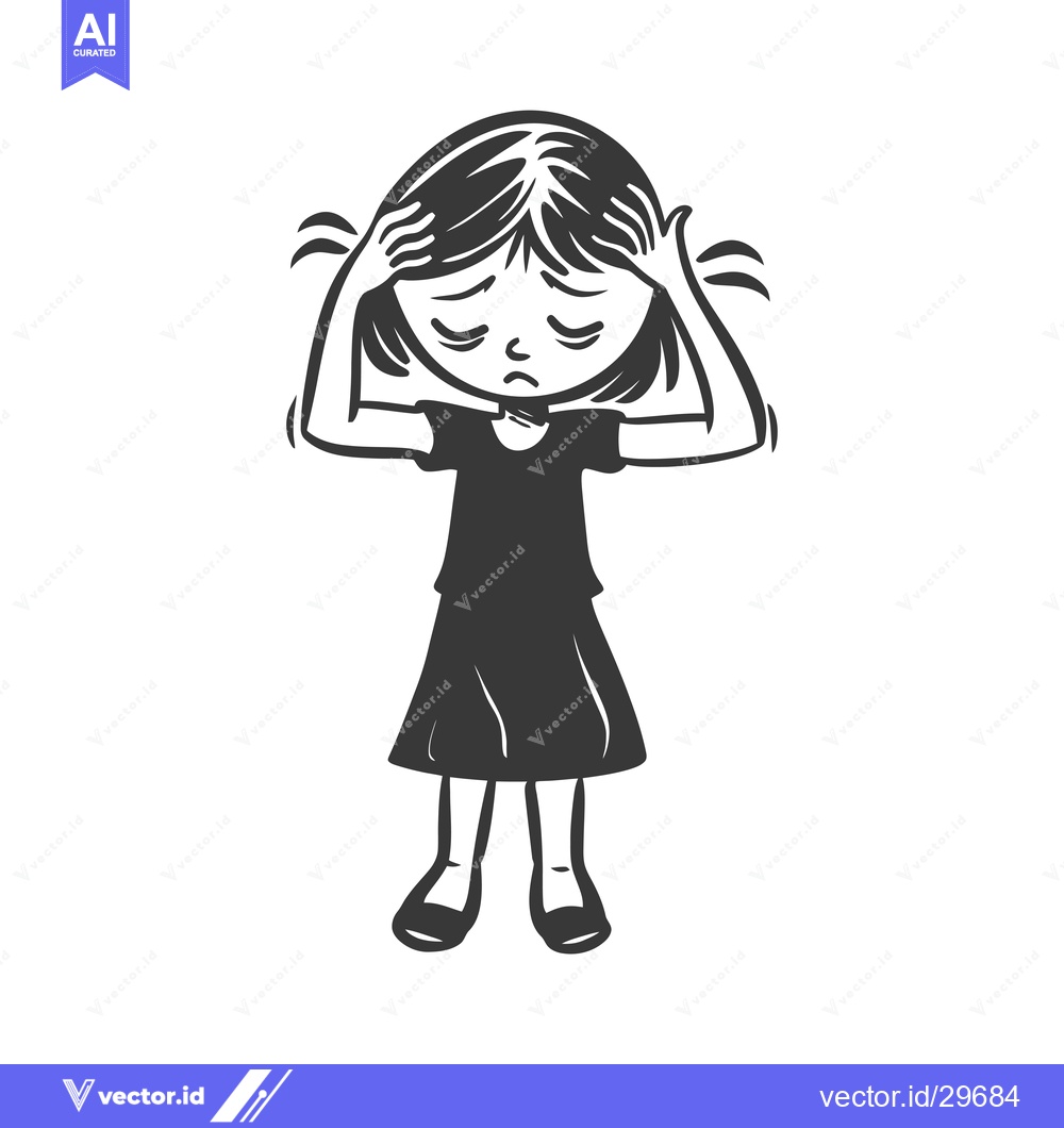 Premium Vector of Cartoon Illustration of a Young Girl Holding Her Head with a Worried E