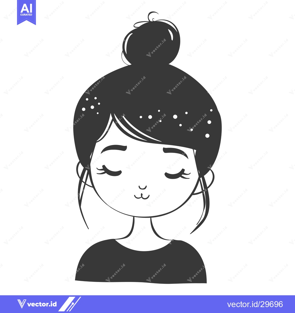 Premium Vector dari Cartoon Illustration of a Young Girl with Closed Eyes and a Bun Hairst