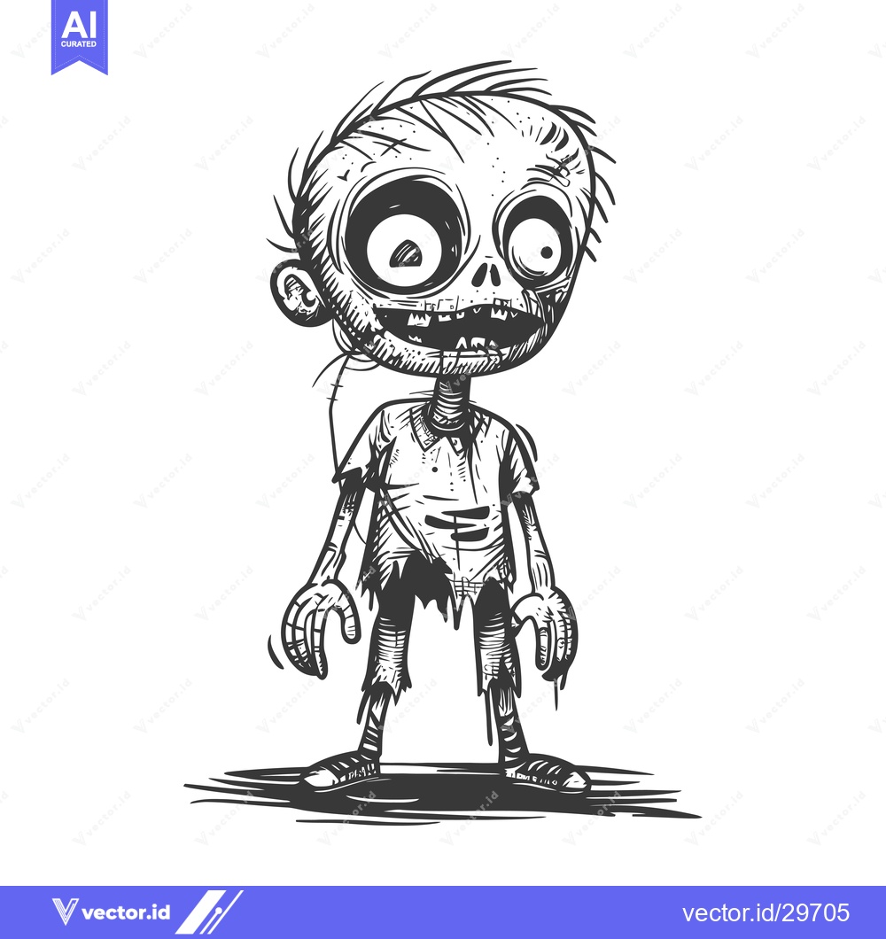Premium Vector of Cartoon illustration of a zombie with a stitched mouth, wide eyes, and