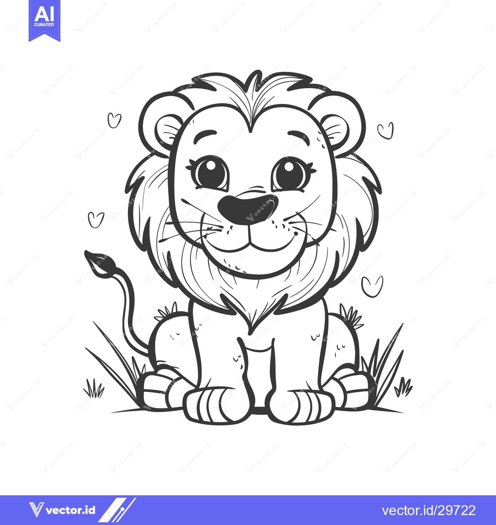 Premium Vector dari Cartoon Lion Cub Sitting in Grass with Hearts