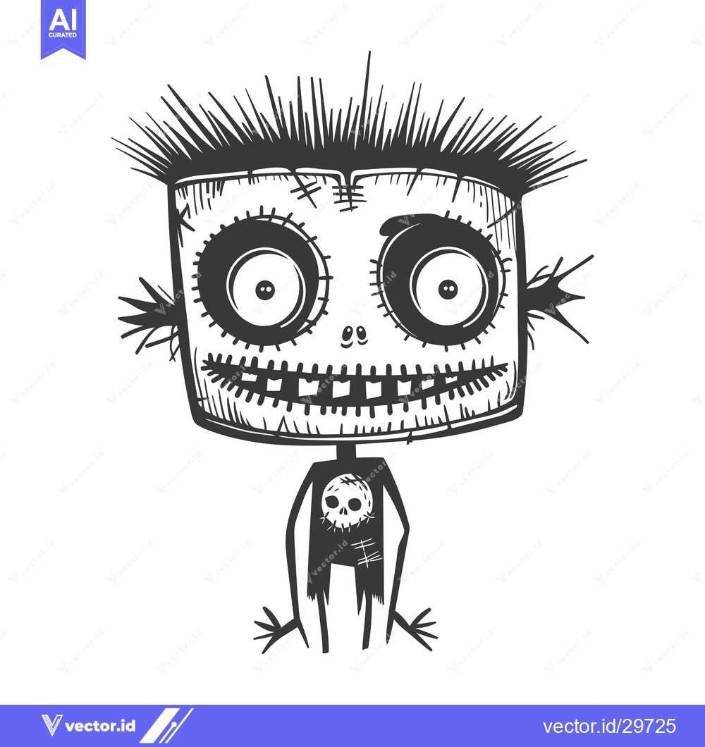 Premium Vector dari Cartoon Monster with a Square Head, Big Eyes, and a Skull on His Chest