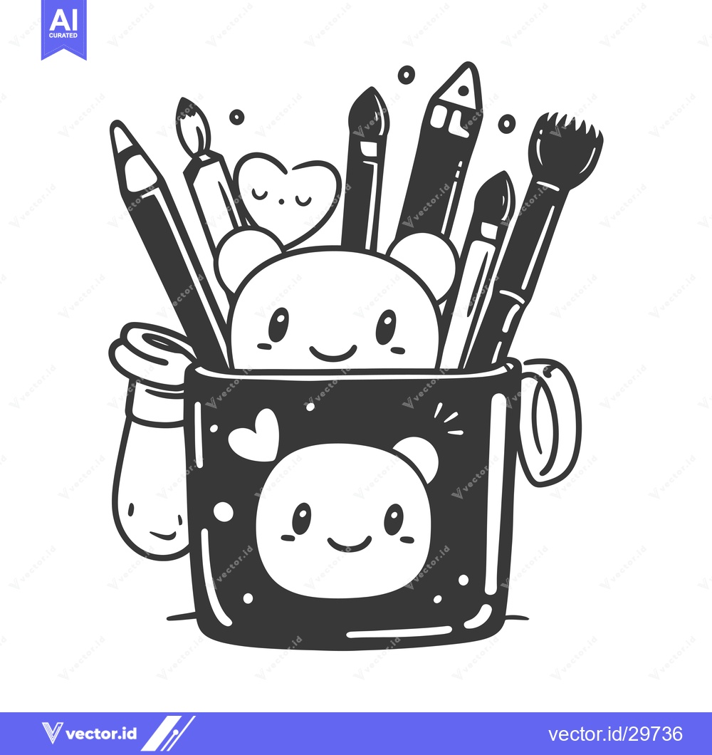 Premium Vector of Cartoon Mug with Bear Face and Art Supplies