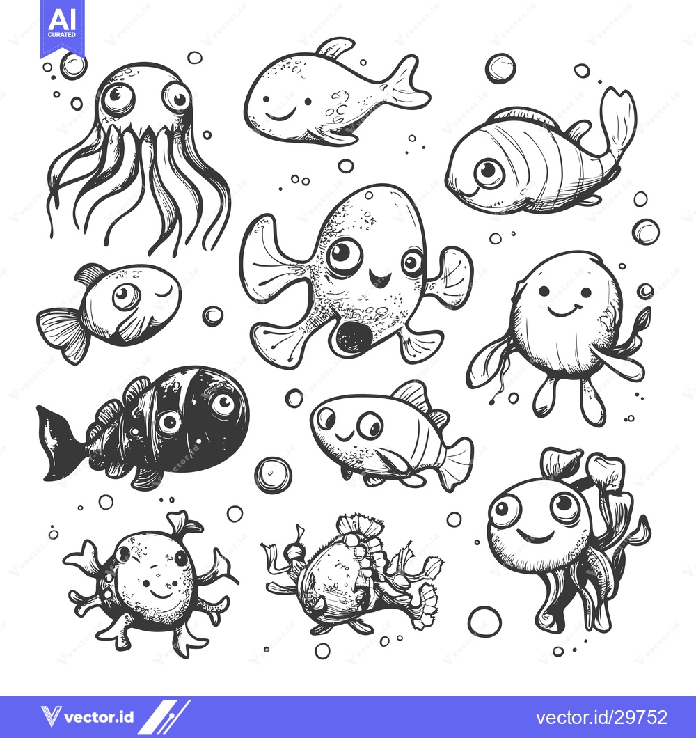 Premium Vector dari Cartoon Sea Creatures with Big Eyes and Happy Faces