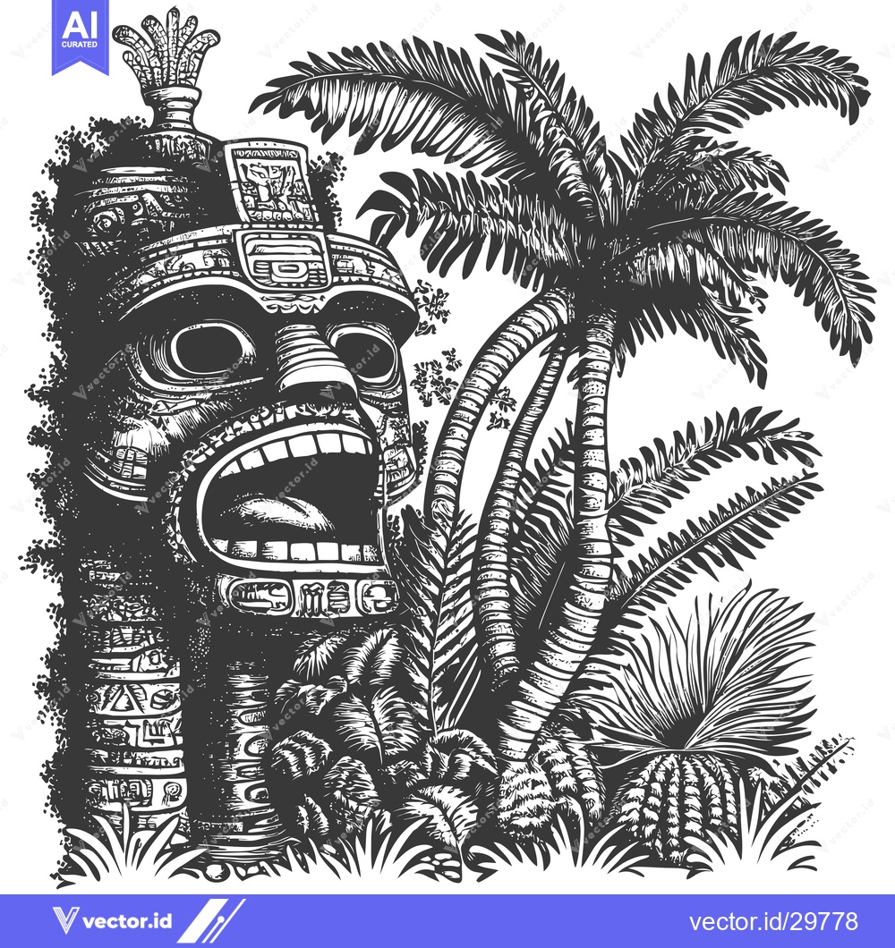 Premium Vector of Carved Stone Tiki Head Surrounded by Palm Trees and Tropical Plants