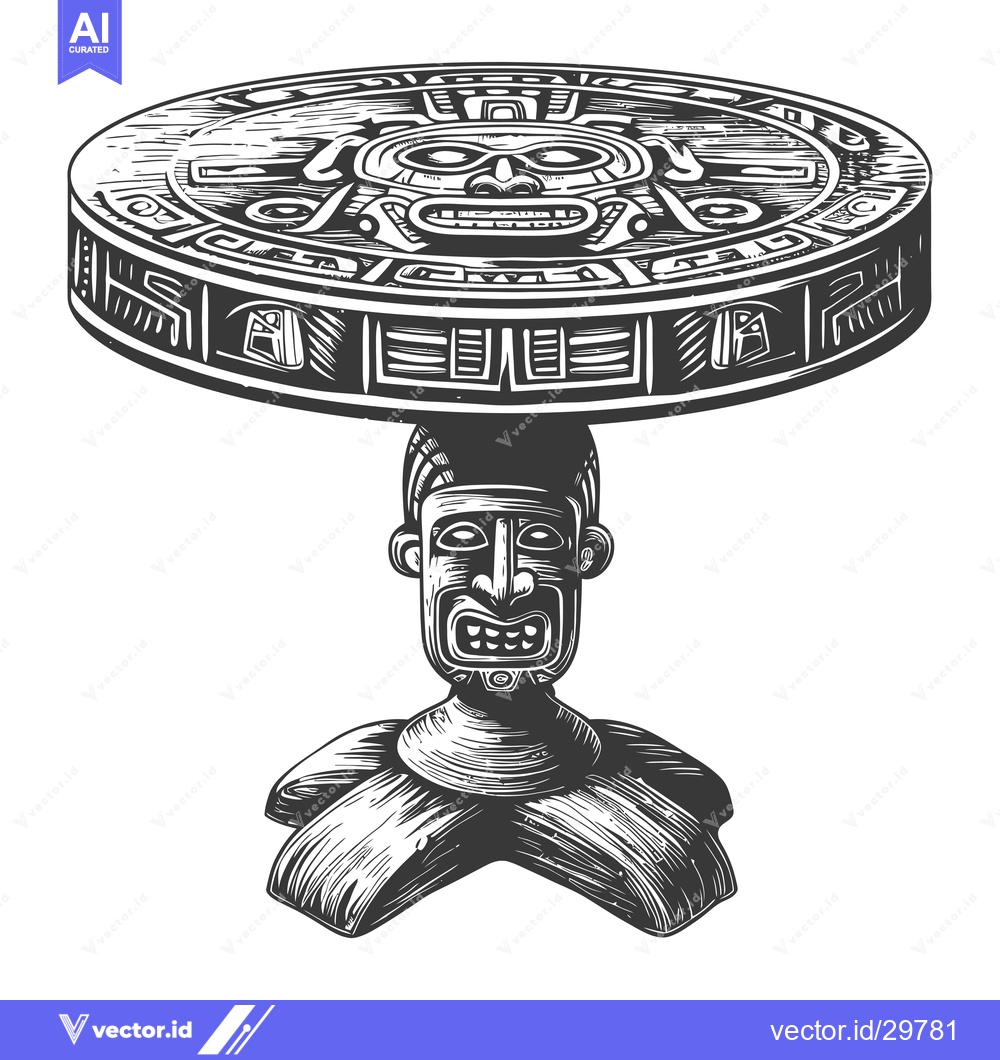 Premium Vector of Carved Wooden Table with Mayan Mask Design