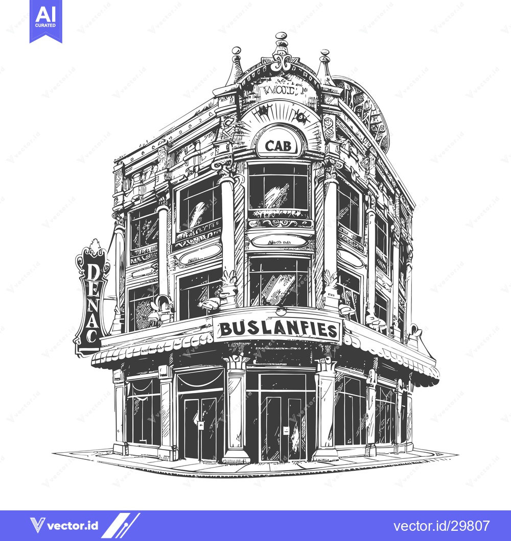 Premium Vector dari Ornate Building Sketch Featuring Buslanfies Cafe and Denac Sign