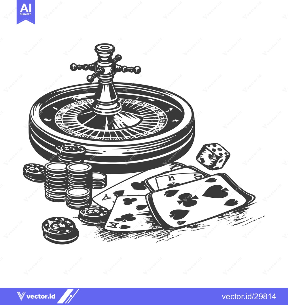 Premium Vector of A casino game setup featuring a roulette wheel and cards