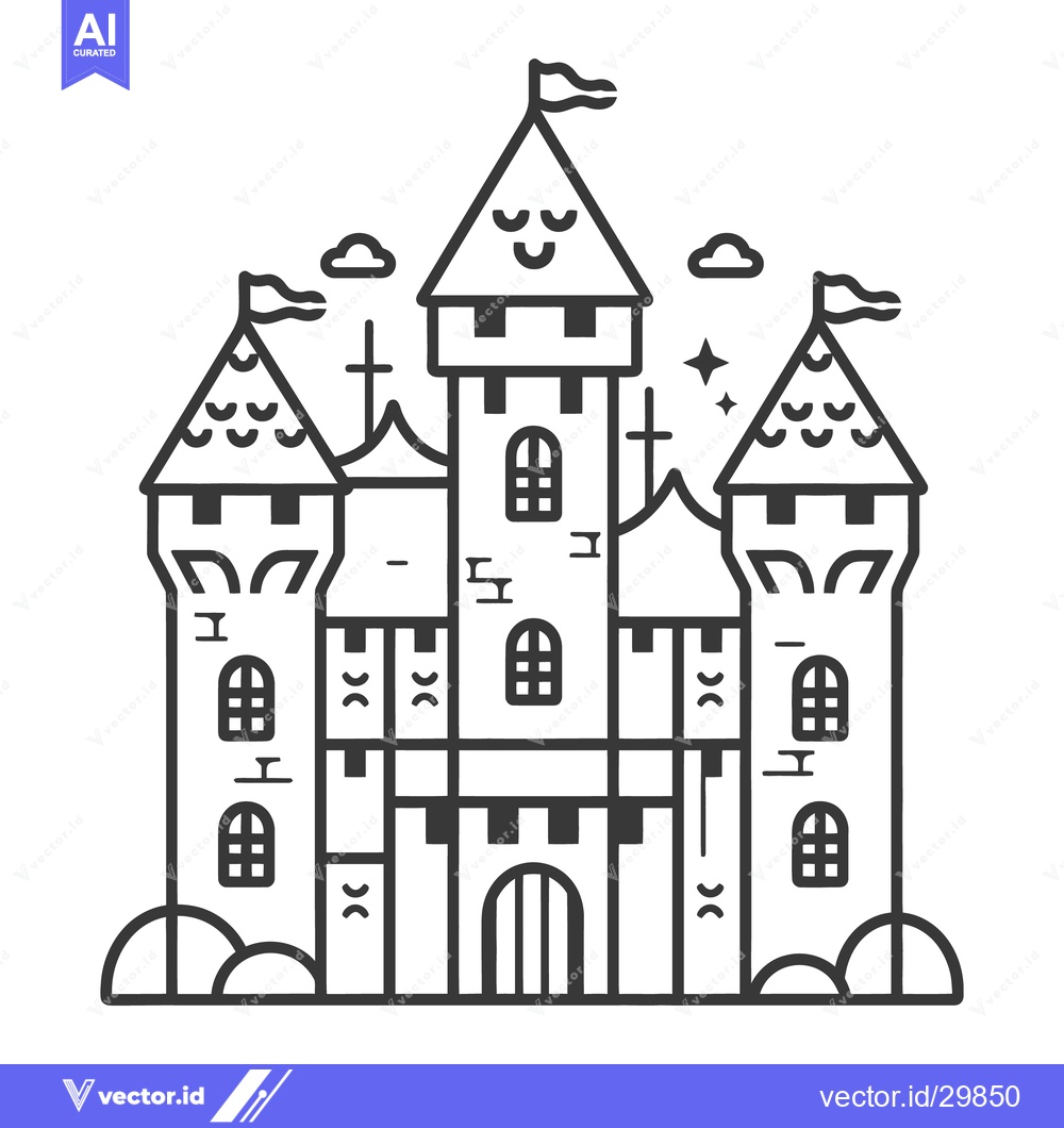 Premium Vector of An illustrated black and white medieval fortress with turrets and flag