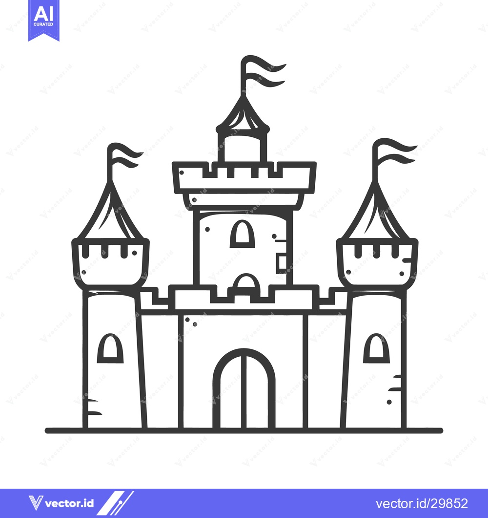 Premium Vector dari An illustrated line drawing featuring a fantasy castle with flags