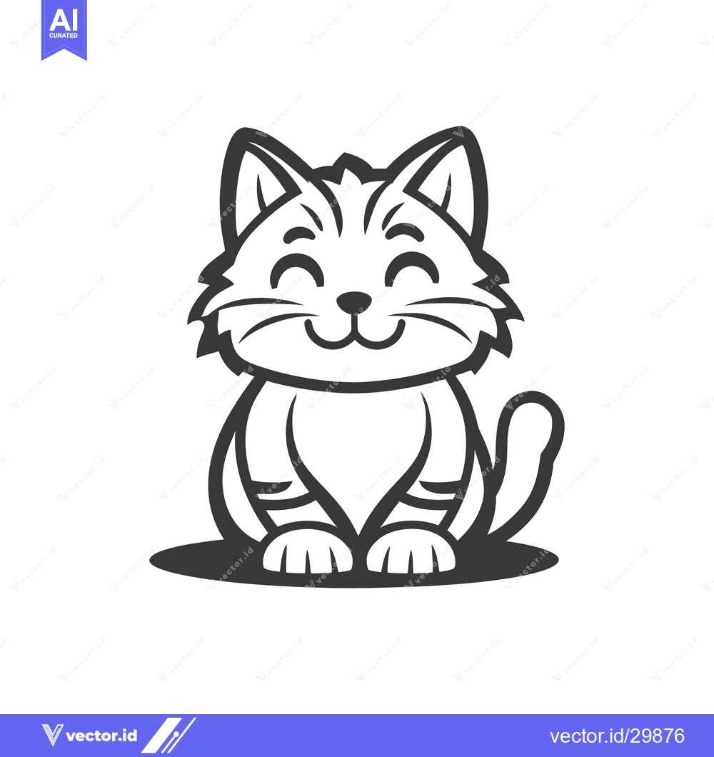 Premium Vector of Smiling Adorable Cartoon Cat Sitting with Small Round Ears and Tail