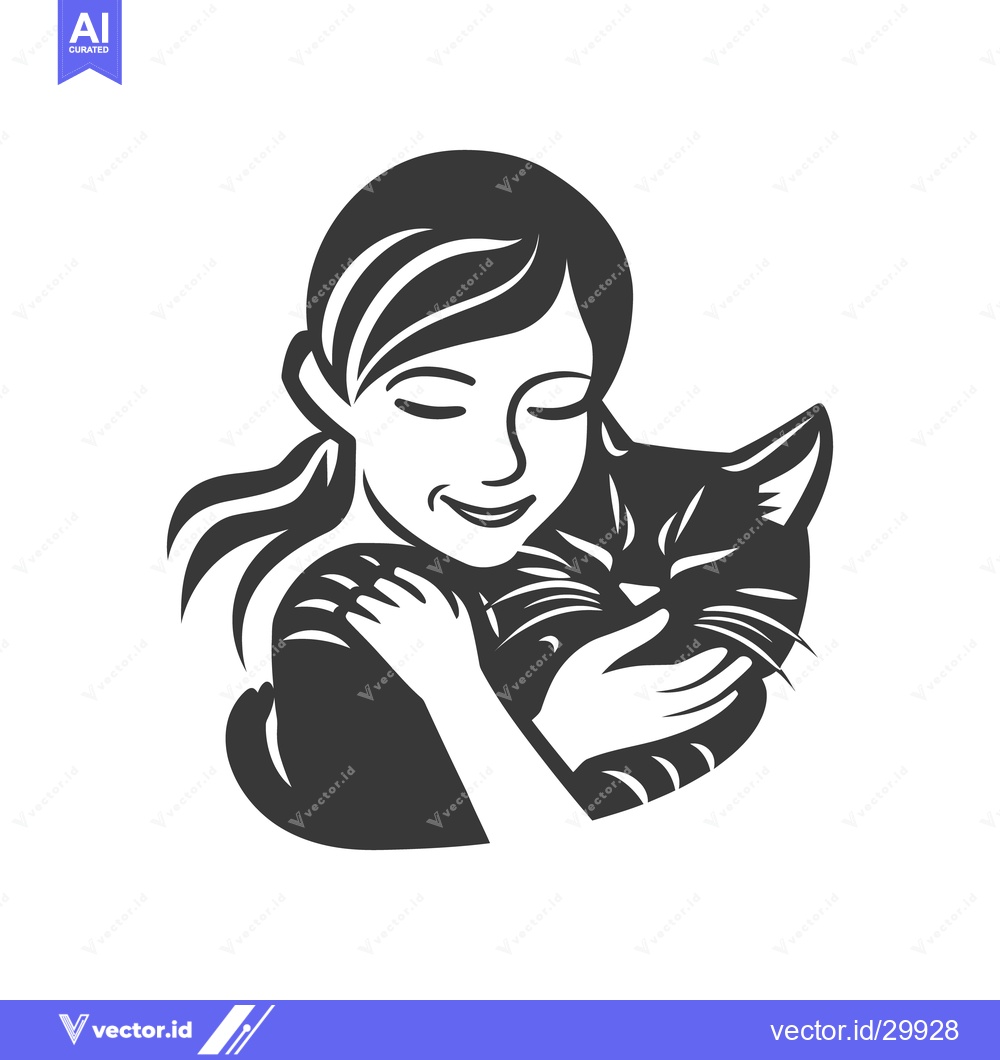 Premium Vector dari A young girl lovingly embraces a black cat with closed eyes
