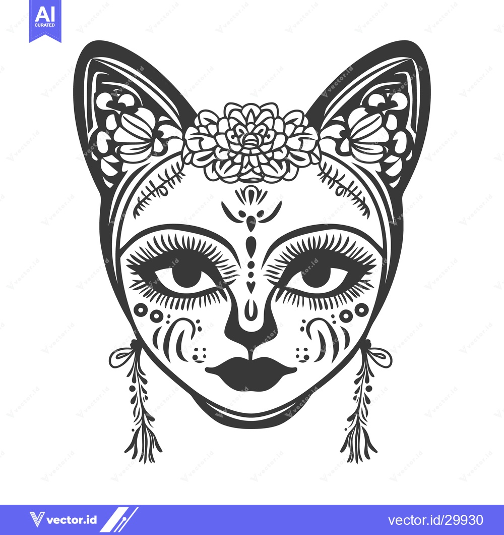Premium Vector dari Decorative Cat Face Adorned With Floral Designs And Ornaments