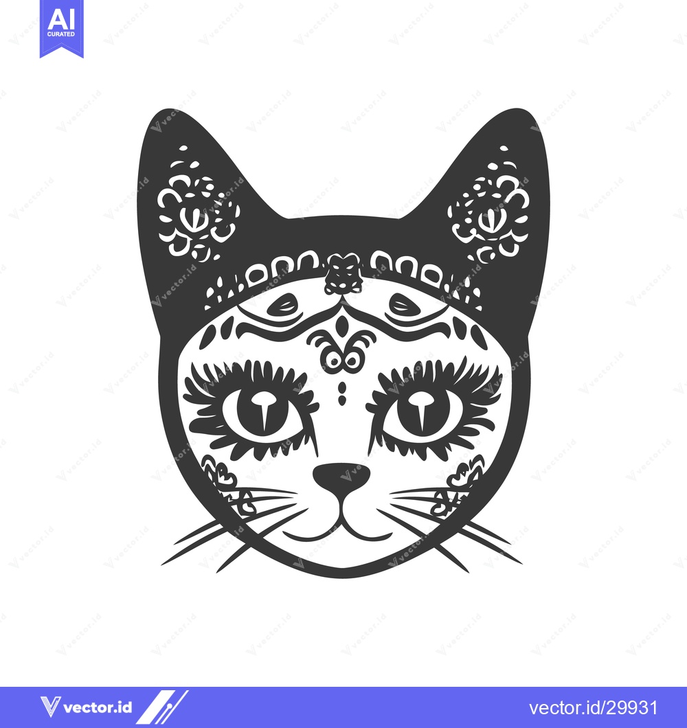 Premium Vector dari A stylized black cat face featuring intricate symmetrical floral patte