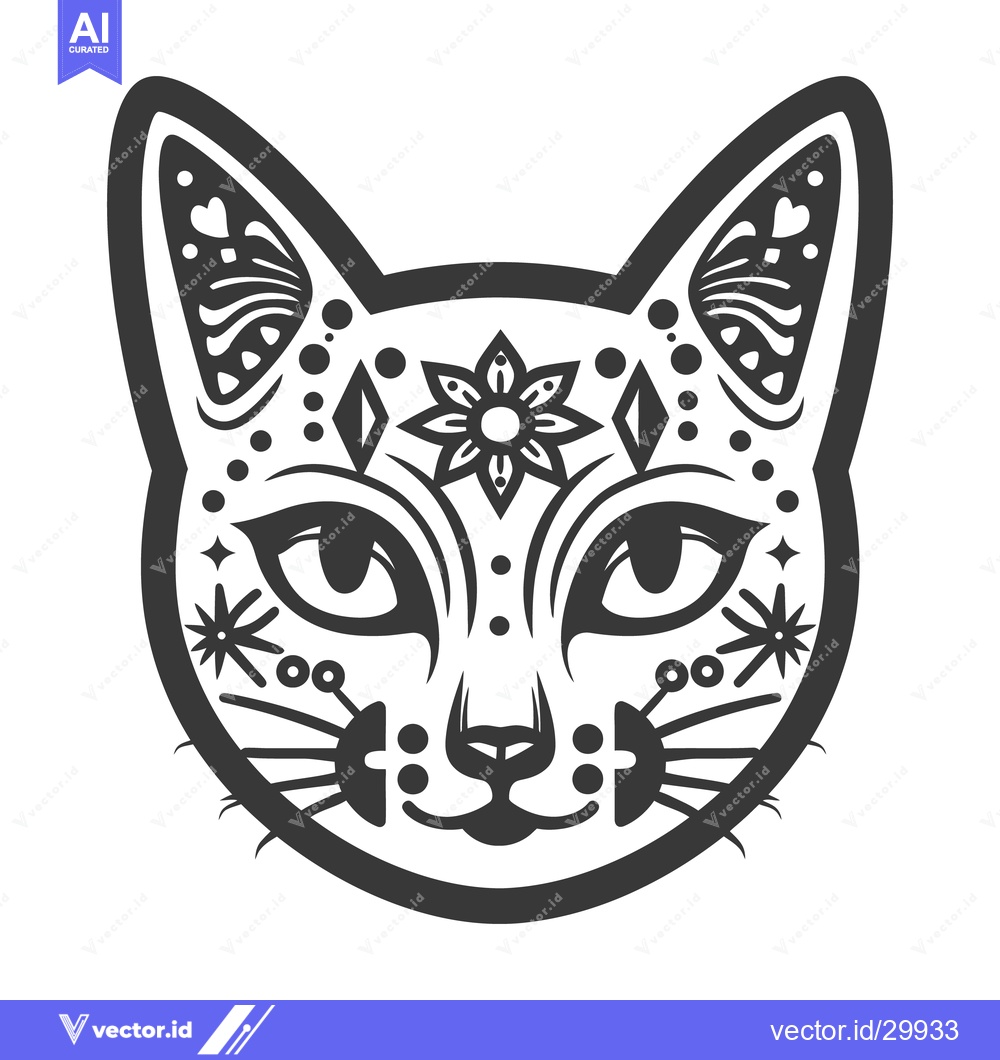 Premium Vector of A stylized black and white illustration of a decorative cat face