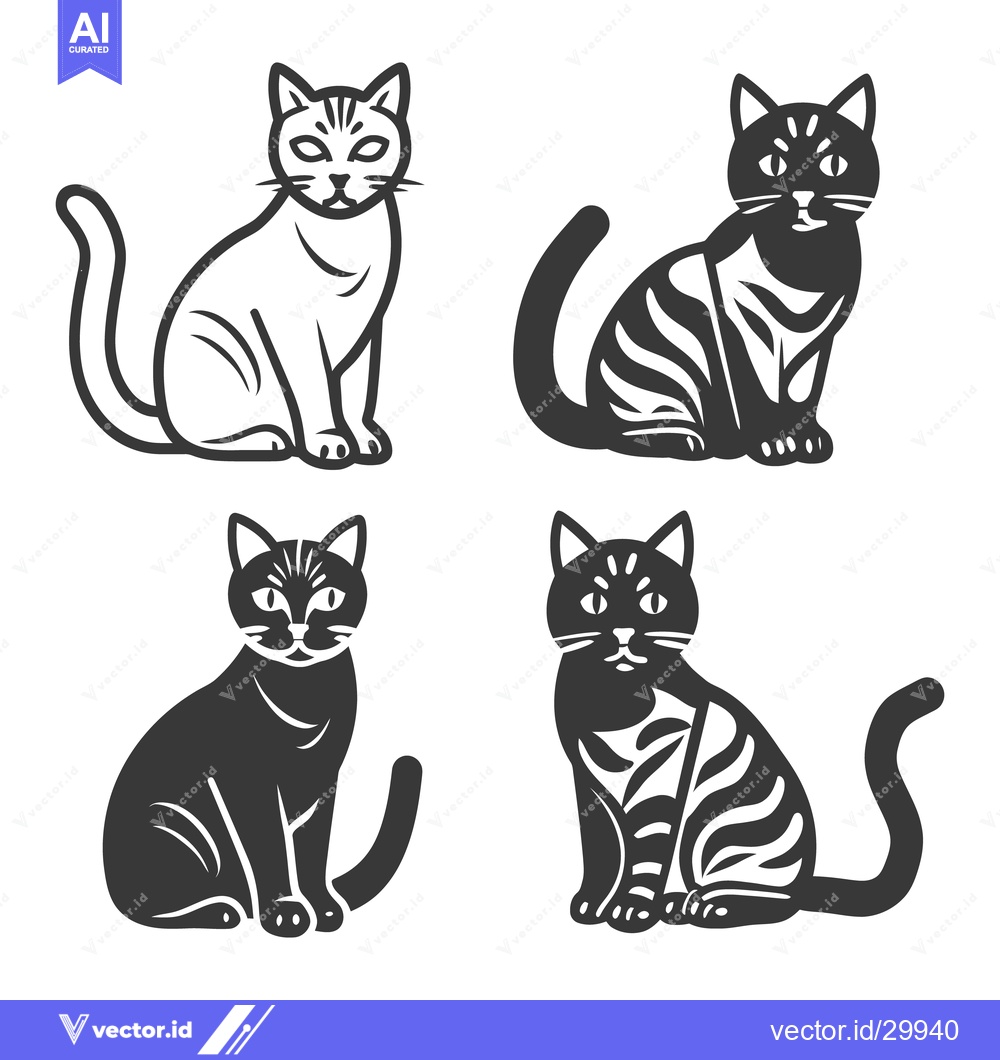 Premium Vector of Four stylized sitting cats are presented in different graphical styles