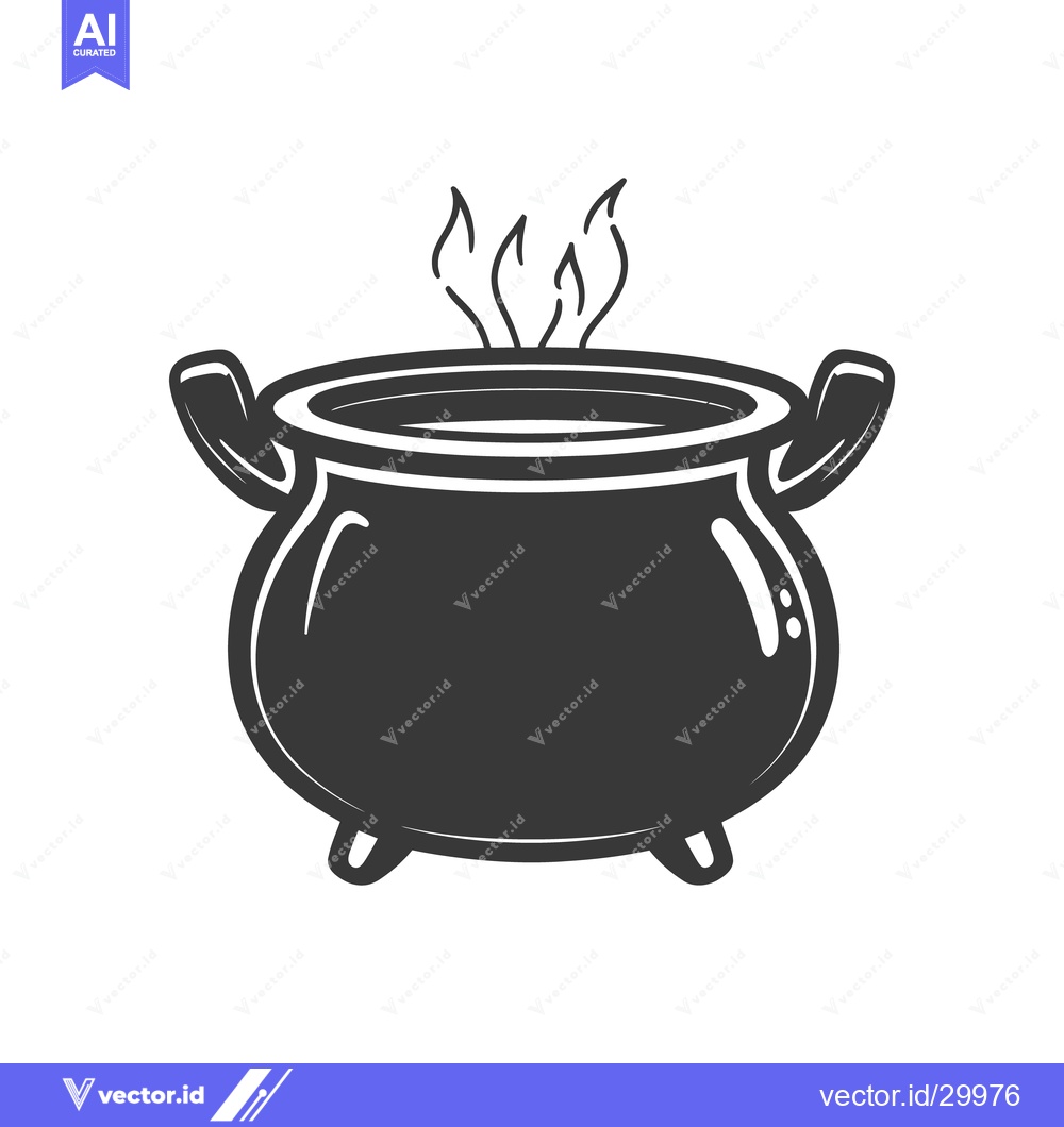 Premium Vector of A steaming black cauldron with handles and curling wisps of vapor